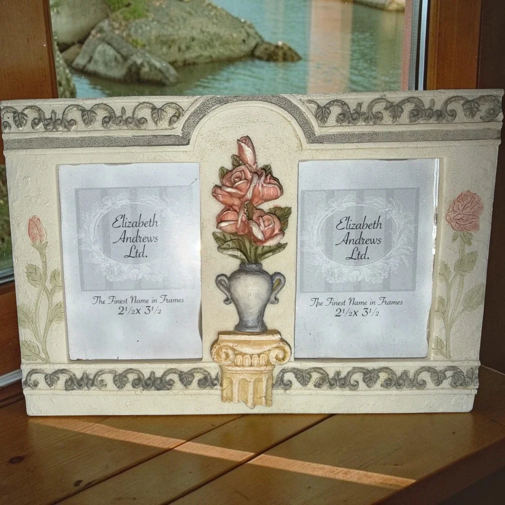 Elizabeth Andrews Double Picture Frame Victorian Rose 3D Relief 2.5x3.5 Cream